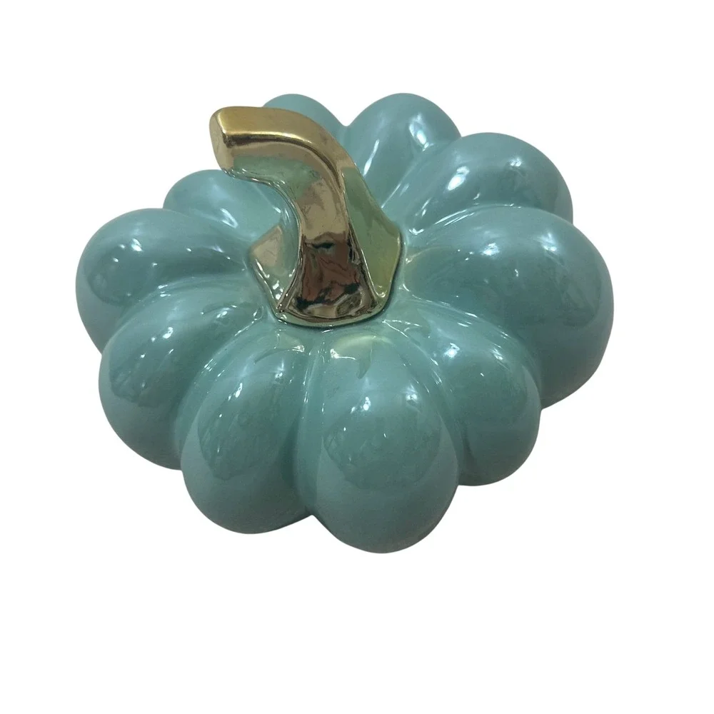 Ceramic Teal Glazed Pumpkin Figurine with Metallic Gold Stem Fall Decor 8in